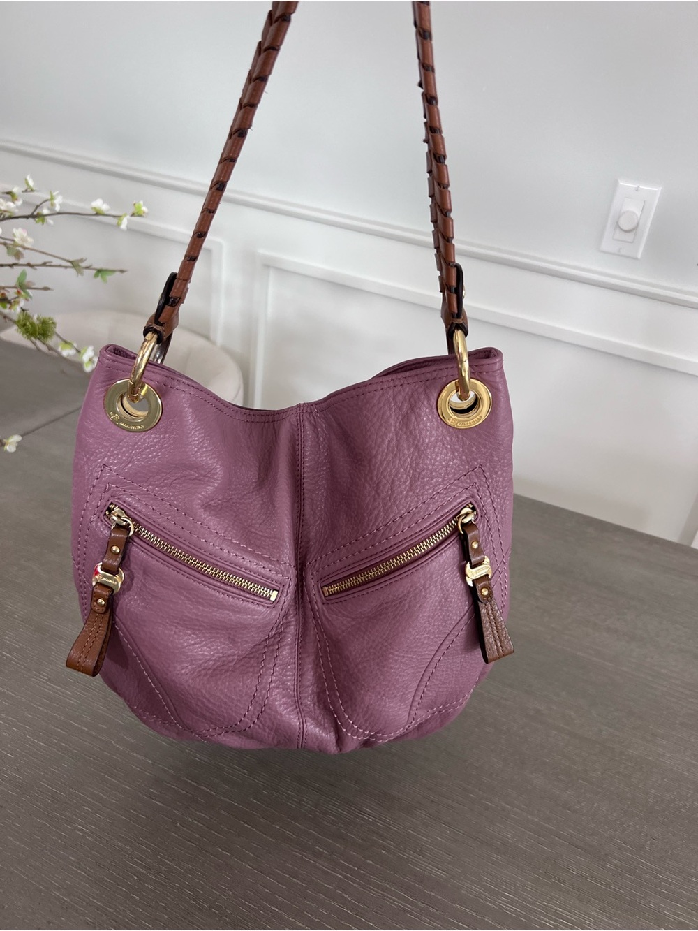b. makowsky Mauve Leather Shoulder Bag with Brown Braided Strap